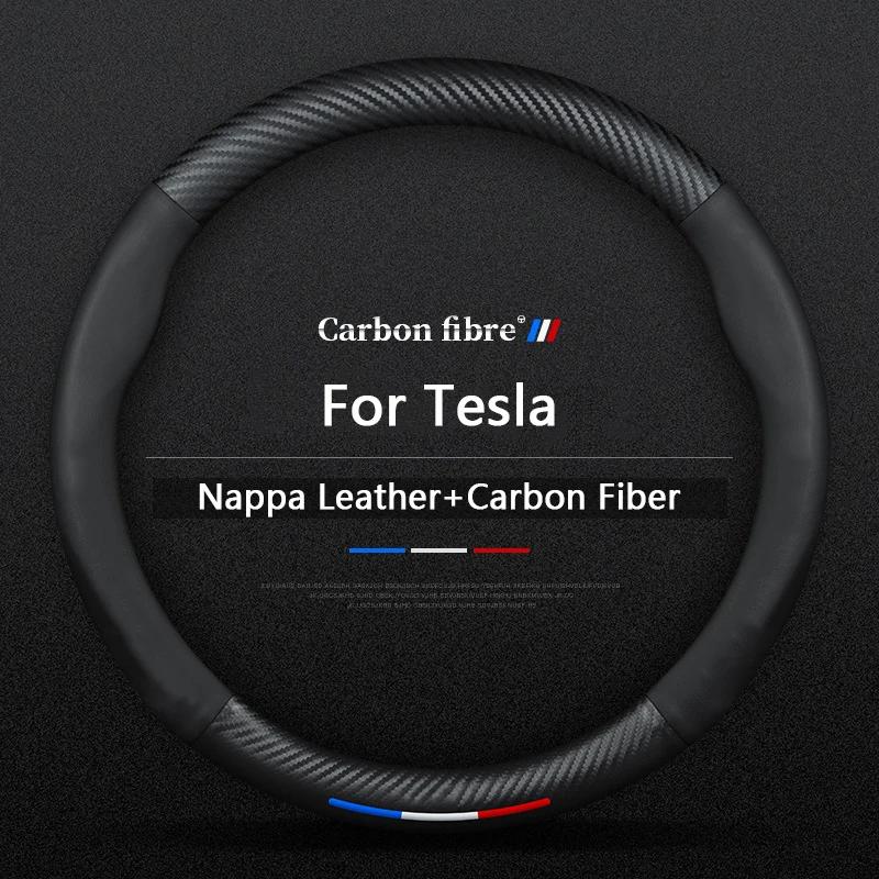 For Tesla Model 3 Model Y Model X Model S Car Carbon Fiber Leather Steering Wheel Cover Interior Decorative Accessories Non Slip sw2