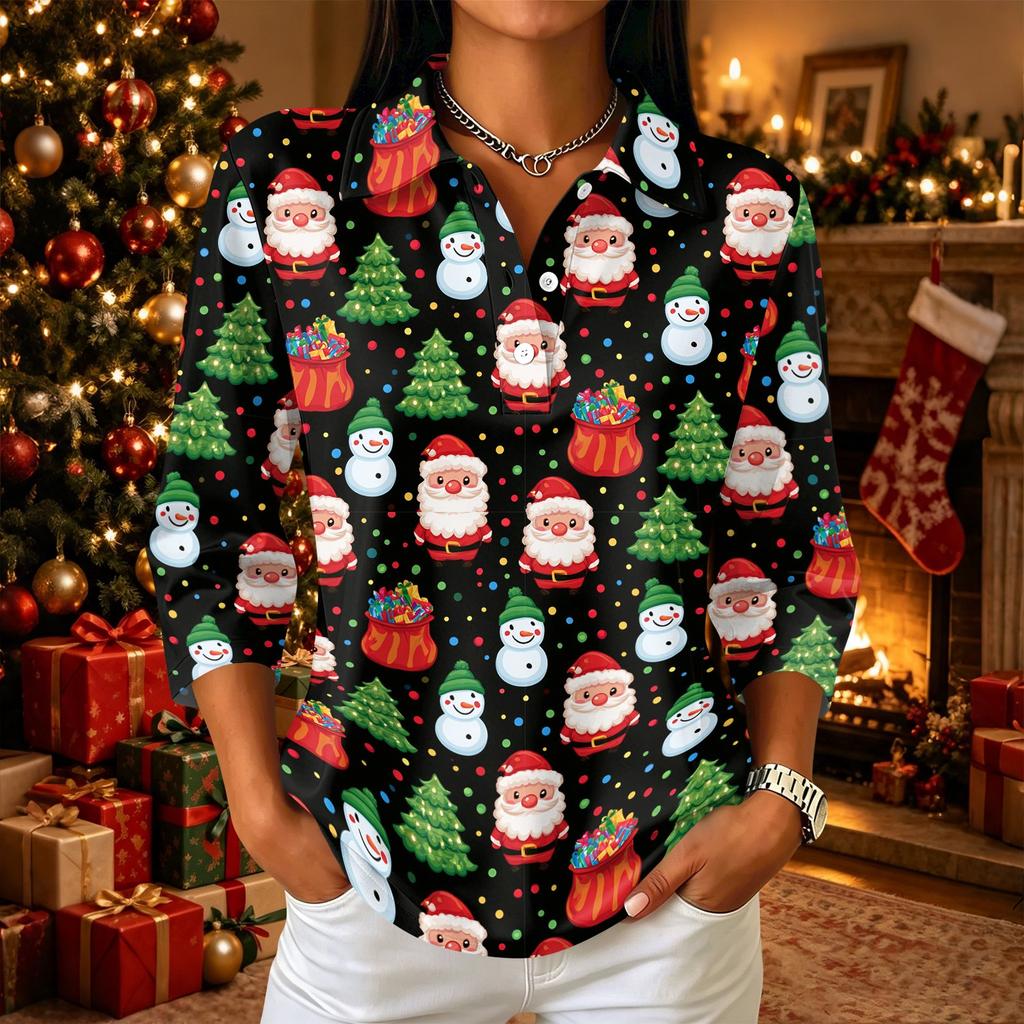 Damen Freizeithemd mit 3/4 Ärmeln, Kragen und Knopfleiste mit Weihnachtsdruck