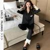 1011 New Duchess Ice Silk Pajamas Women's Spring Thin Long Sleeve Pants Lace Loungewear Set