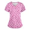 Scrubs Medical Uniform Pink Ribbon Cancer Fighter Graphic Women's Uniforms V Neck Short Sleeve Tops with Pockets Scrubs for Wome