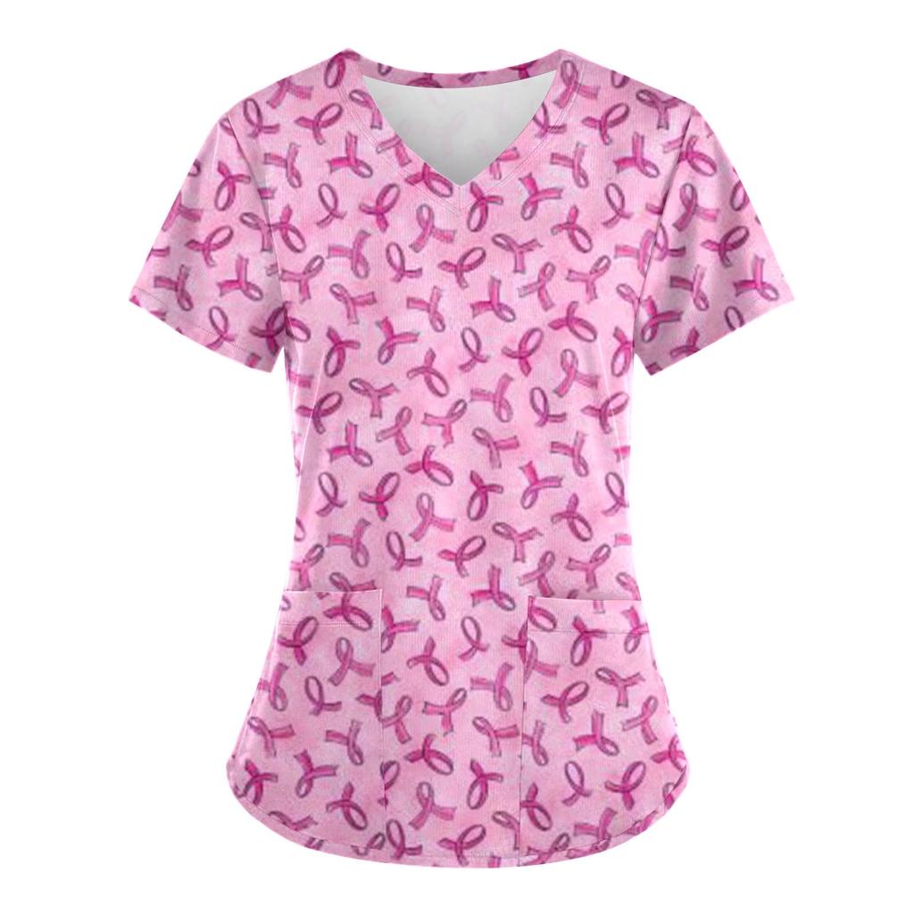 Scrubs Medical Uniform Pink Ribbon Cancer Fighter Graphic Women's Uniforms V Neck Short Sleeve Tops with Pockets Scrubs for Wome