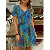 Ethnic Style Floral 3D Print Dress Women V-Neck Short Sleeve Dress Streetwear Casual Loose Plus Size Woman Clothing Summer