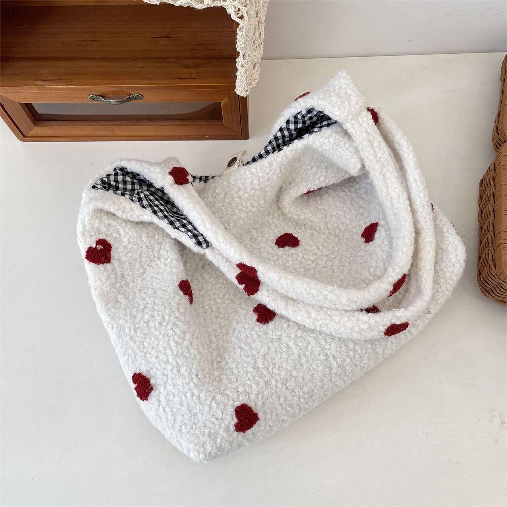 Lovely Cusual Embroidery Flower Tote Bag Sweet Large Capacity Underarm Bag Love Heart Soft Fluffy Shoulder Bag Autumn/winter