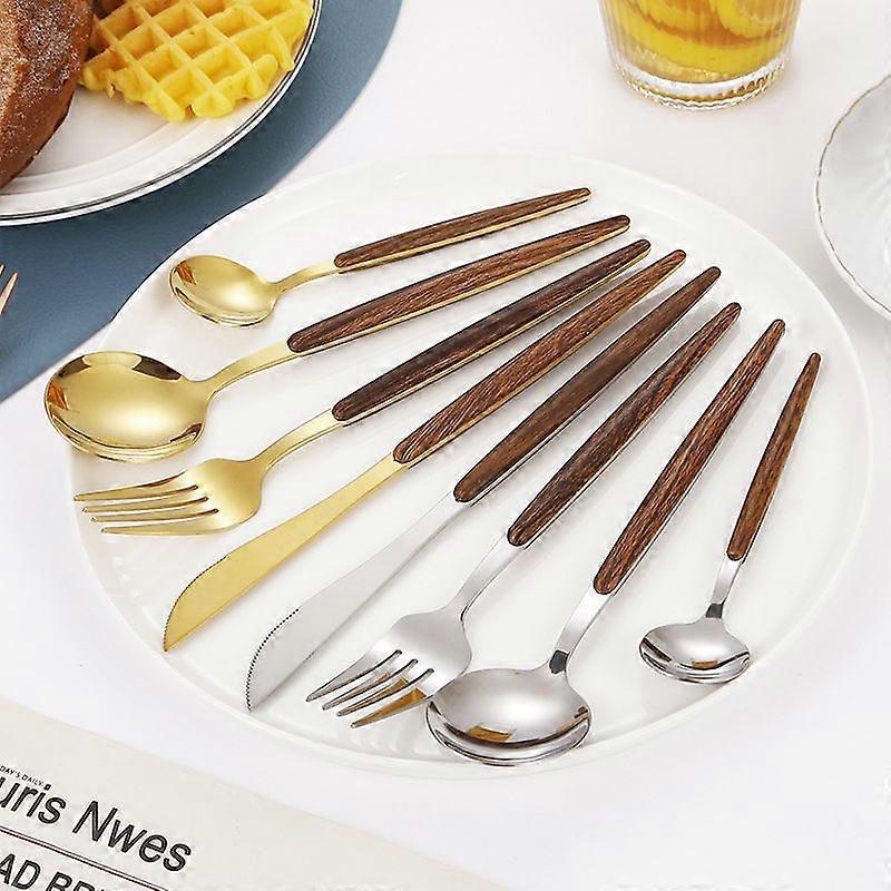 Rose Round Handle Wood Grain - 4-piece Set Imitation Wood Handle Stainless Steel Steak Knife and Fork Retro Portuguese Western Tableware Set Dessert