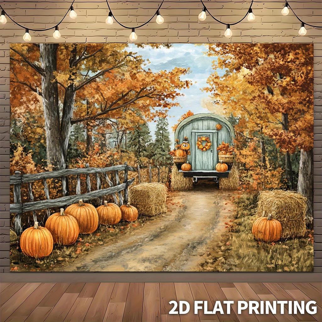 2D Plane 1 Piece of Autumn Harvest Carriage Pumpkin Hay Bale Country-style Autumn-themed Background Fabric Party Banner