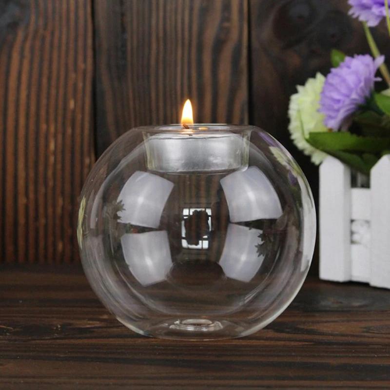 Transparent Glass Candle Holder European Glass Round Candle Holder Home Decoration Glass Crafts Holiday Decoration 1pc