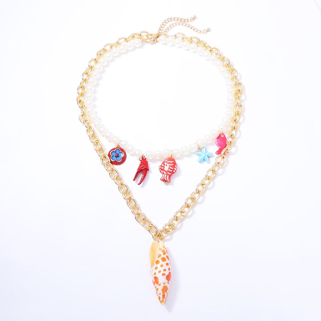 Fashion Summer Vacation Marine Life Pendant Imitation Pearl Beaded Double Layer Stacked Necklace Exquisite Woman