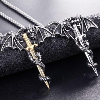 Retro Viking Pterodactyl Holy Sword Shape Pendant Necklace Men's Necklace Metal Sliding Dragon Necklace Accessorie Party Jewelry