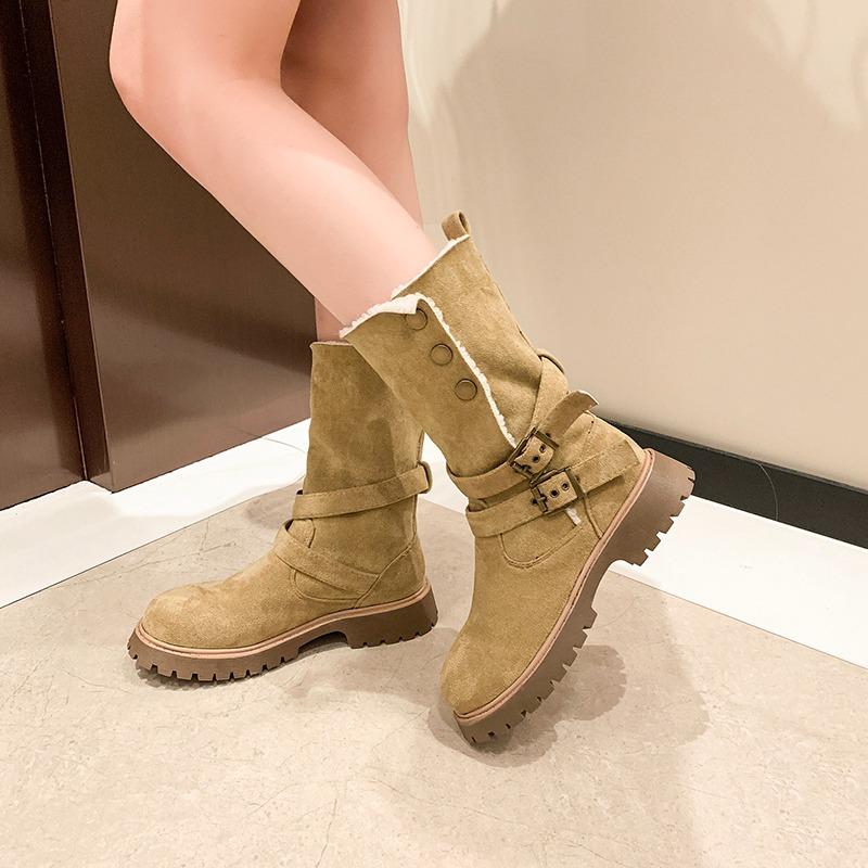 Fashion Thicken Plush Snow Boots for Women Winter Faux Fur Platform Ankle Boots Woman Mid-calf Buckle Snow Boots Cotton Shoes I08