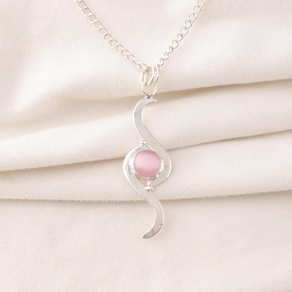 Pink Cat's Eye Pendant, 925 Sterling Silver Pendant Jewelry, Handmade Pendant Gemstone Jewelry For Memorial Day