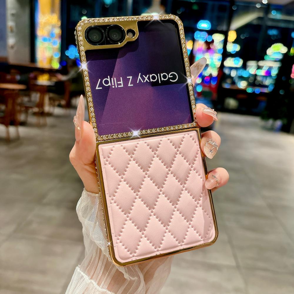 Lambskin Quilted Leather Case For Samsung Galaxy Z Flip 7 6 5 4 3 Cover Bling Diamond Shockproof For Samsung Galaxy 7 6 5 Z Flip