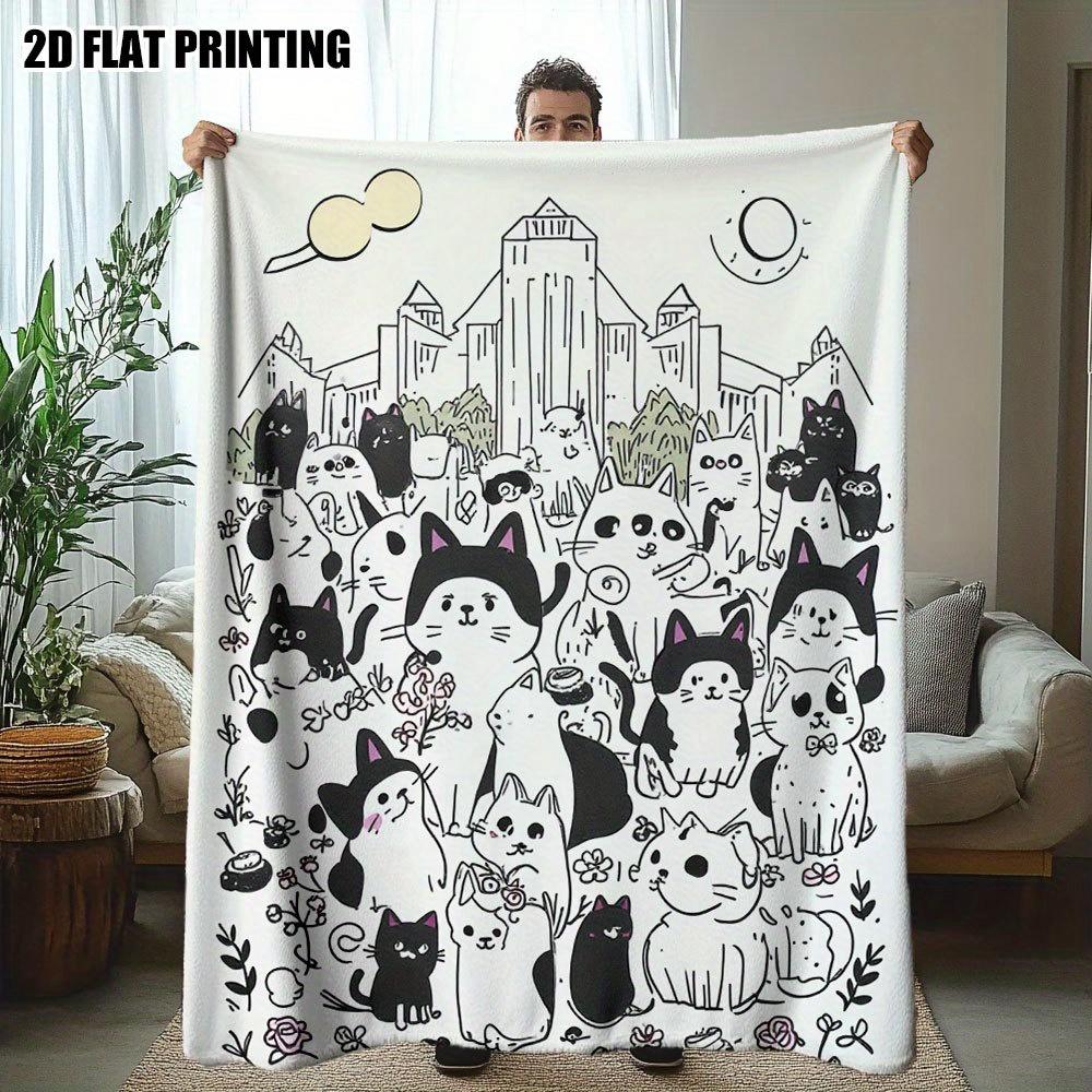 1pc of Luxurious Cat-patterned Flannel Blanket- Soft and Comfortable, Suitable for All Seasons, with Colorful and Fun Cat Illustrations, Ideal for Sof