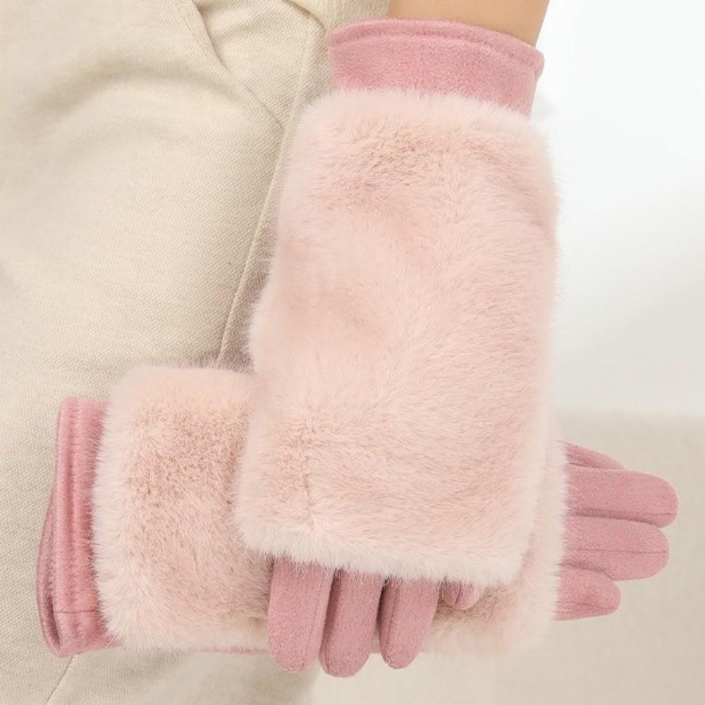 Solid Color Suede Gloves Rabbit Faux Fur Thermal Mittens Fashion Women Winter Gloves Ladies