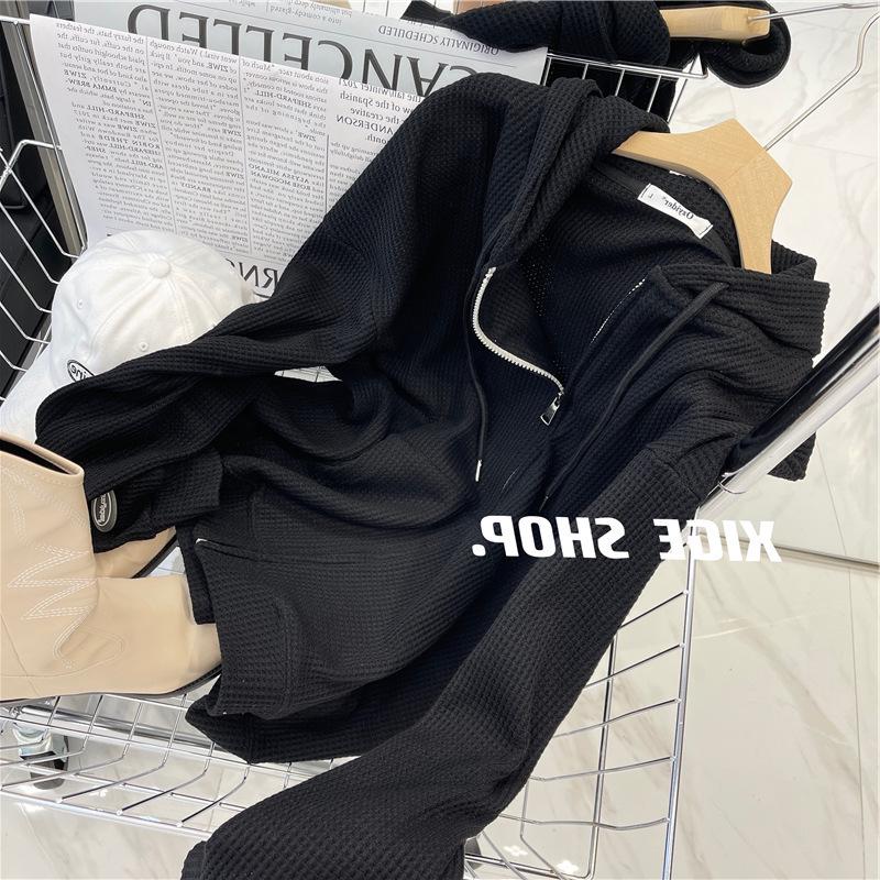 Women's Waffle Knit Hooded Zipper Cardigan - New Loose Slim Design for Autumn/Winter