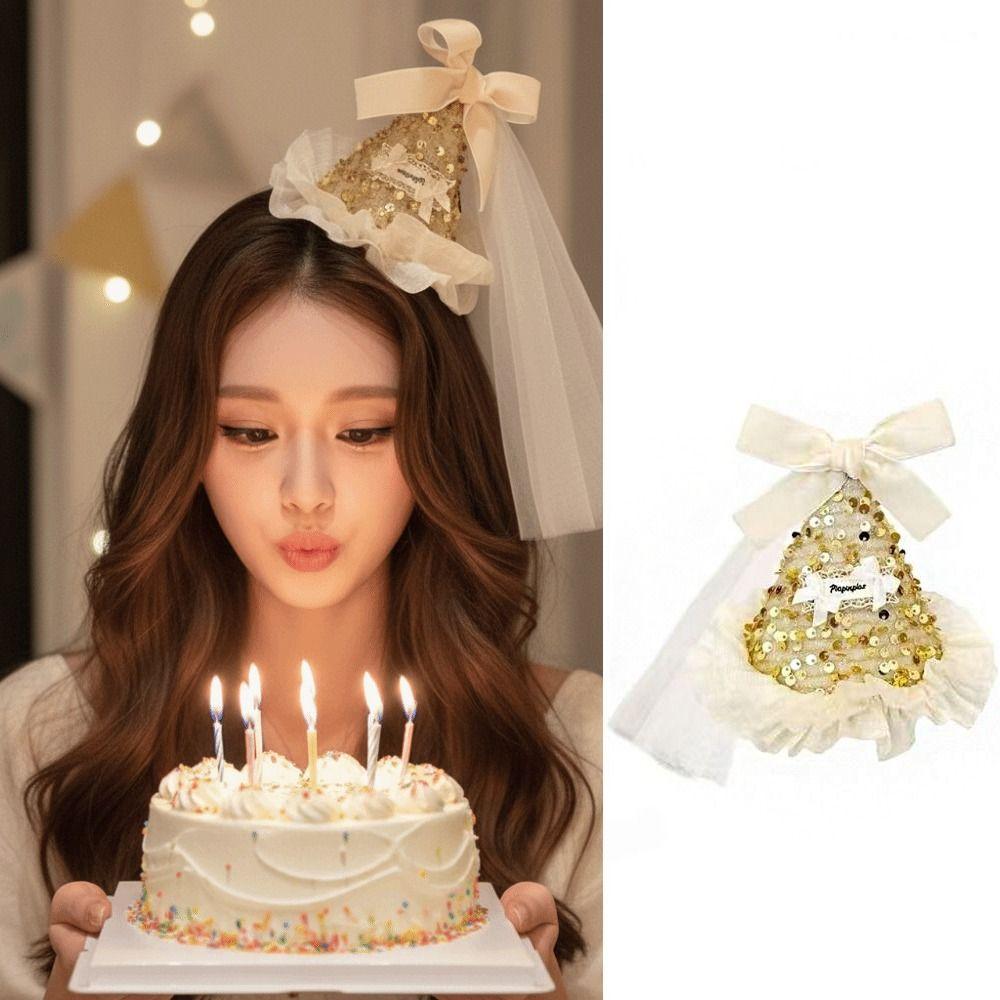 Velvet Birthday Crown Mesh Sequined Hat Lovely Bow Hair Clip  Children's