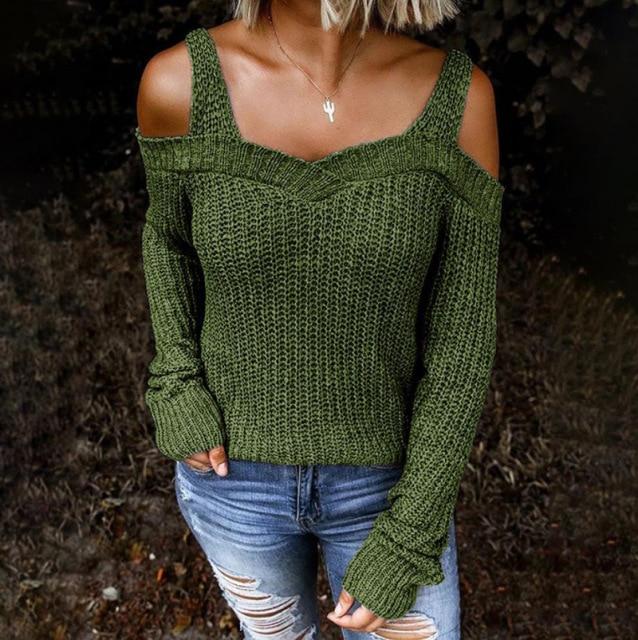 Autumn New Sexy Strap Off-Shoulder Sweater Solid Color Casual Long-Sleeved Sweater Woman Clothing