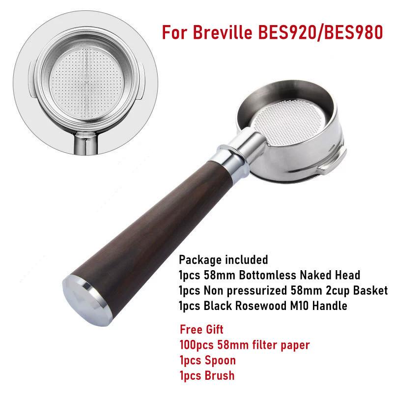 58mm Edelstahl bodenloser Siebträger mit M10 Griff, Kompatibel mit Breville BES920/BES980 Kaffeemaschine