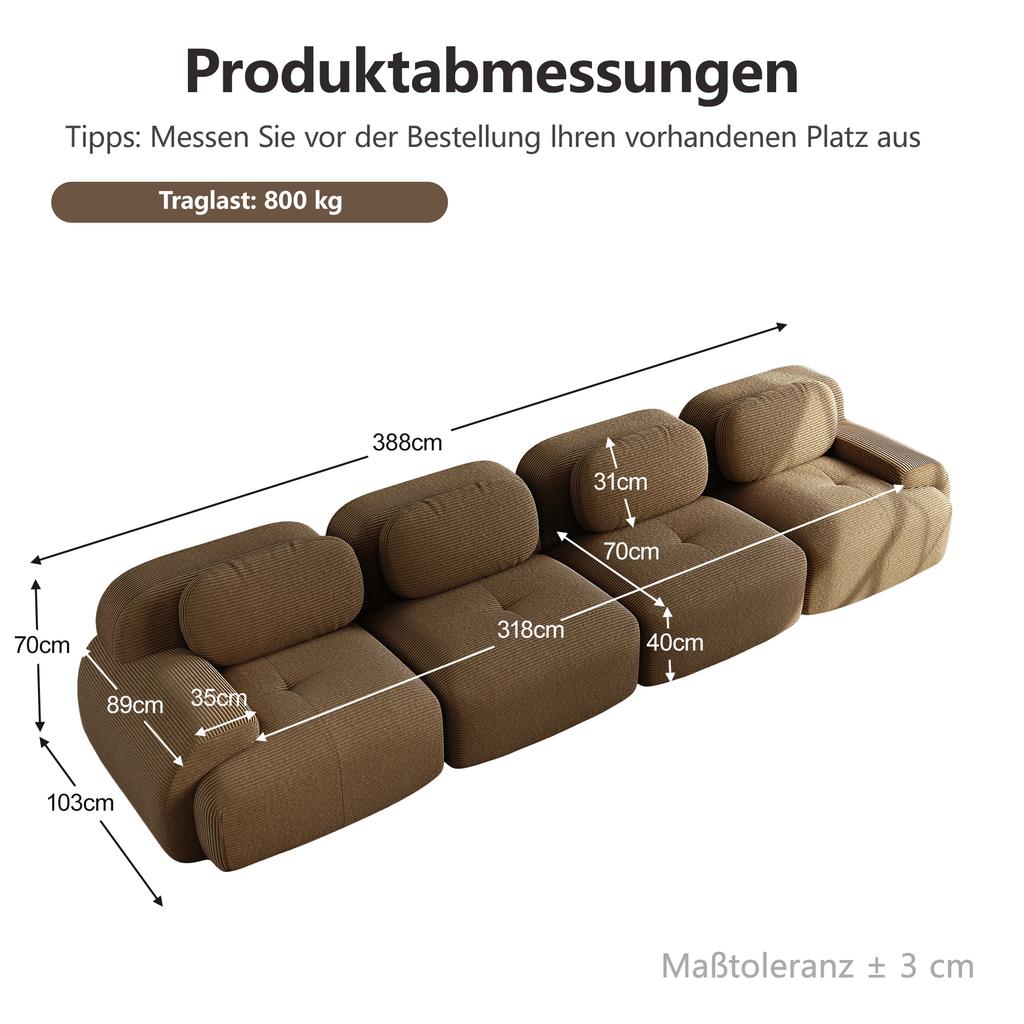 4-Seater Sofa Soft Corduroy, Frameless, 32D High-Elastic Padding, Pet-Friendly, Vacuum-Packed, Combinable, No Assembly for Bedroom and Office, Brown