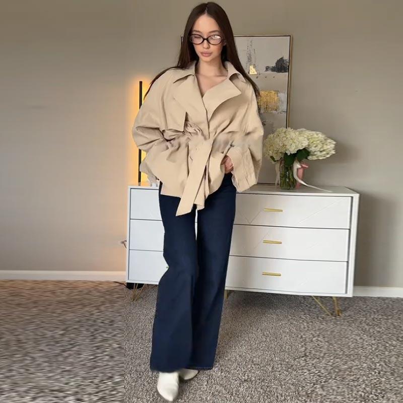Tie Up Lapel Cardigan Windbreaker Women's Loose Windproof Long Sleeved Jacket Commute Outwear Retro British Style Autumn 2025