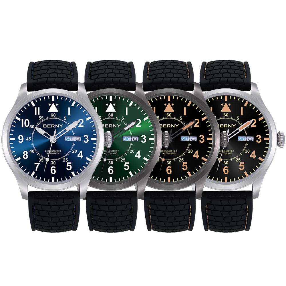 BERNY Automatic Aviation Men's Watch 100% Original Top Sapphire Luminous Big Size Diver Watch 200M Top Mechanical Watch for Men
