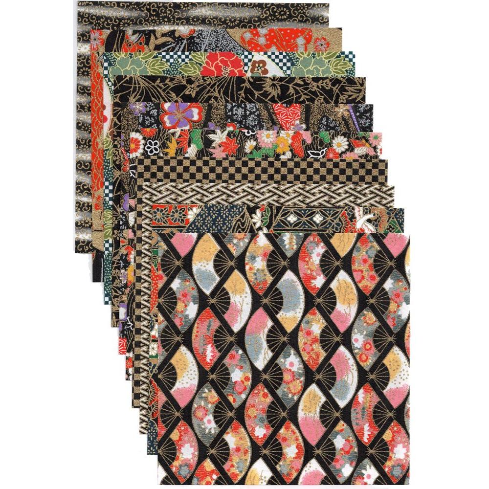 Washi Kawasumi Yuzen Chiyogami Origami Paper 15x15cm, 10 Designs, 10 Sheets, Black Theme