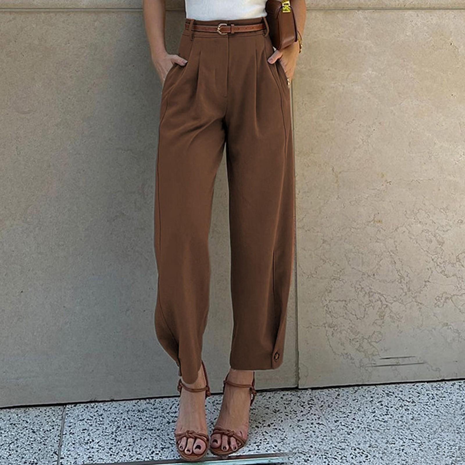 

Женские модные однотонные свободные брюки с манжетами и высокой талией L кофейный