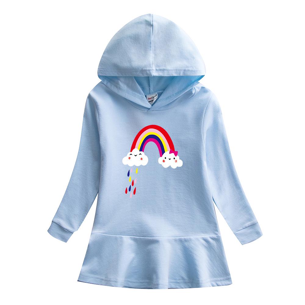 Children's Rainbow Cartoon Hooded Sweatshirt Dress with Ruffle Skirt, Pure Cotton, Long Sleeve 