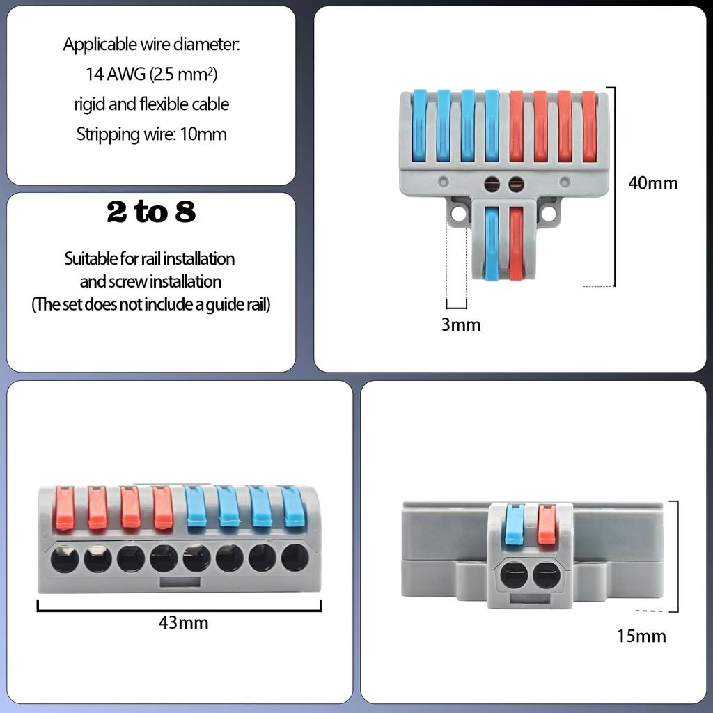 CTRICALVER Electrical Cable Clamp Terminal 14AWG Pin Quick Wire Splice Rail Screw Mount Compatible Blocks, 2.5mm², 2-8 Connectors, 5-Pack - &