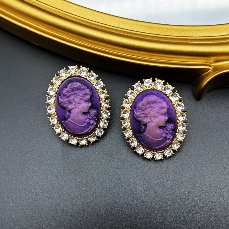 Vintage Western Style Versatile Cameo Oval 925 Silver Needle Earrings сливовый