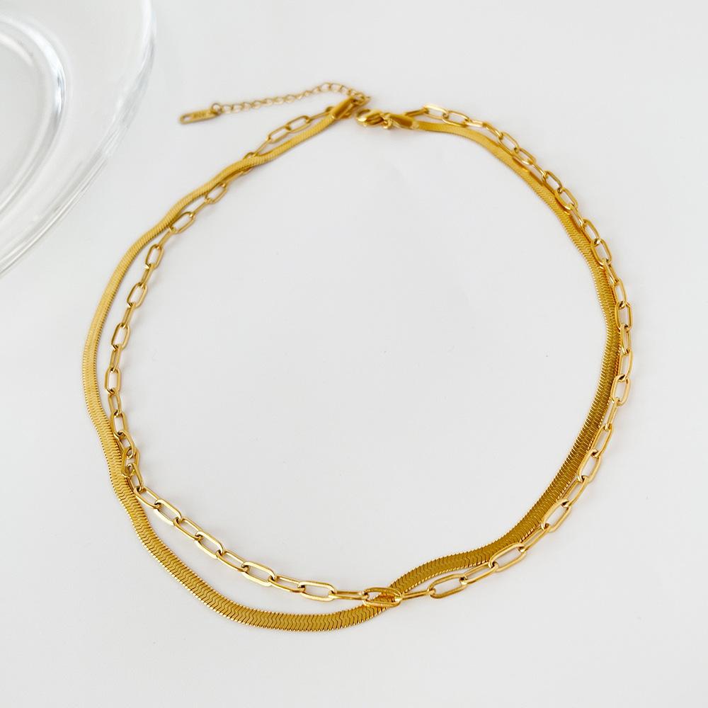 Ins nowy modny wszechstronny łańcuszek obojczykowy, ostrze długie O łańcuch splicing dwuwarstwowy tytan stal 18k złoty naszyjnik damski