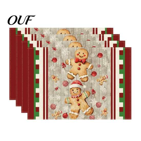 Dining Table Mat 4Pcs Christmas Linen Placemat Set, Cartoon Snowman Gingerbread Gnome Durable Mats Mat, Heat Resistant Place for Holiday Party