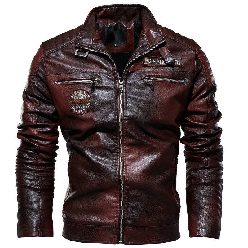 

Men s Fleece-Lined PU Leather Motorcycle Jacket, Customizable Logo 3XL (170-190 jin) темно-червоний колір
