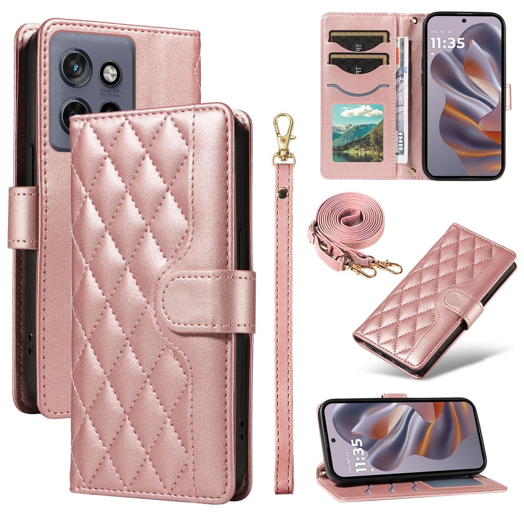 For Motorola Edge 50 Neo 5G/Moto S50 5G/Thinkphone 25 5G Case Wallet Rhombus Leather Phone Cover with Shoulder Strap,Wrist Strap