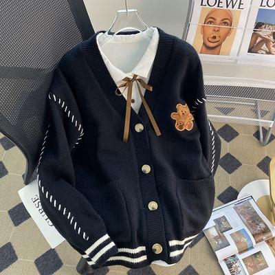 Autumn and Winter Contrasting Color Rope Lazy Wind Pocket Knitted Sweater Sweet Striped College Style Bear Sweater Cardigan Women