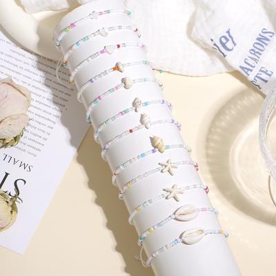Summer DIY Beach-Theme Bracelets Featuring Seed Beads Matching Shells Conchs Sea Stars Adjustable Braided Rope Bracelets Bohemian Style Jewelry