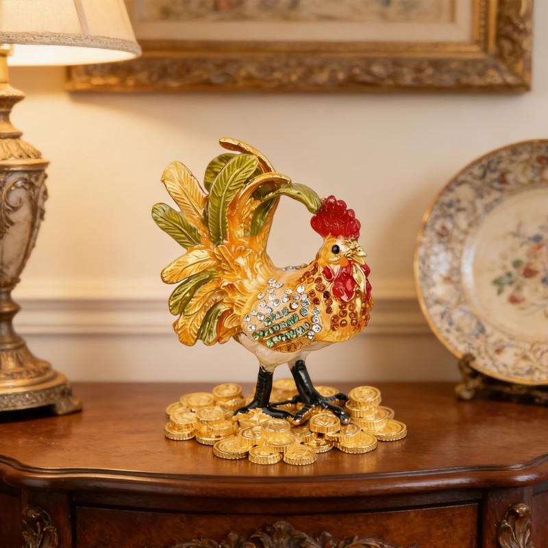 Hand Painted Enamel Rooster Jewelry Box For Rings Earrings And Small Accessories Decorative Ornament Gift