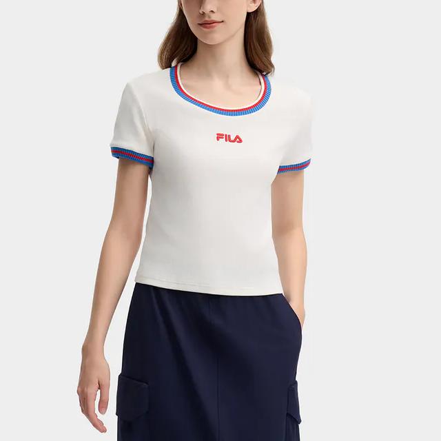 FILA French Tennis Club Versatile Striped Slim Fit Crew Neck Regular T-Shirt Women Tops Cloud-Mushroom-White F11W439106FWT