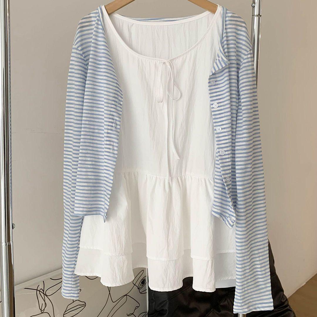 

2026 Summer Korean Style Girly Light Blue & White Striped Long Sleeve Casual Two-Piece Set L 100-110