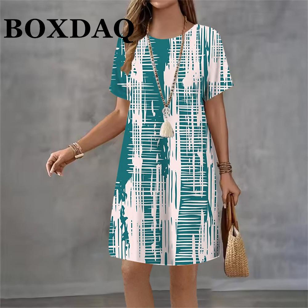 2026 Vintage Women's Dresses Tie Dye Striped 3D Printed Elegant Casual Short Sleeve Dresses Loose Fashion Summer Women's Dresses