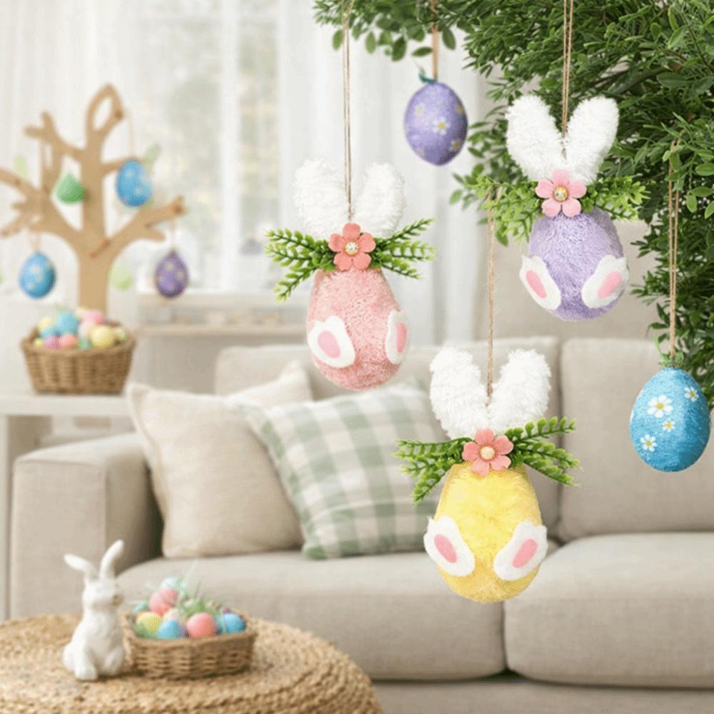 Flower Dot Foam Easter Eggs Colorful Rabbit Design Felt Egg Pendant Decorative with Rope Hanging Flower Egg Venue Layout