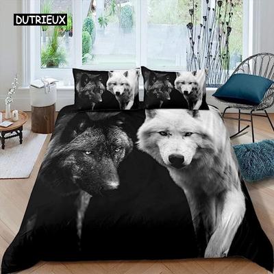 Bettbezug Schwarz Weiß Wolf Tier 3D Bettwäscheset für Erwachsene Kinder Schlafzimmer Dekorationen Weiche Mikrofaser Exotischer Stil Bettdecke