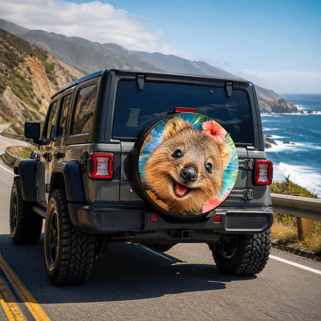 1pc Cute Short-Tailed Dwarf Kangaroo Floral Style Printed Car Tire Cover, Fashionable Universal Wheel Hub Protector, Spare Tire Protection, Perfect Fi