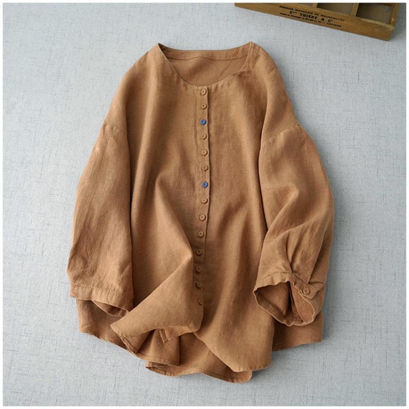 Women s Artistic Loose Fit Three-Quarter Sleeve Solid Color Woven Top – 2025 Spring Collection 2XL кофейный