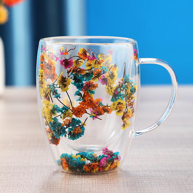 Elegant Double-Layer Glass Mug with Real Dried Flowers