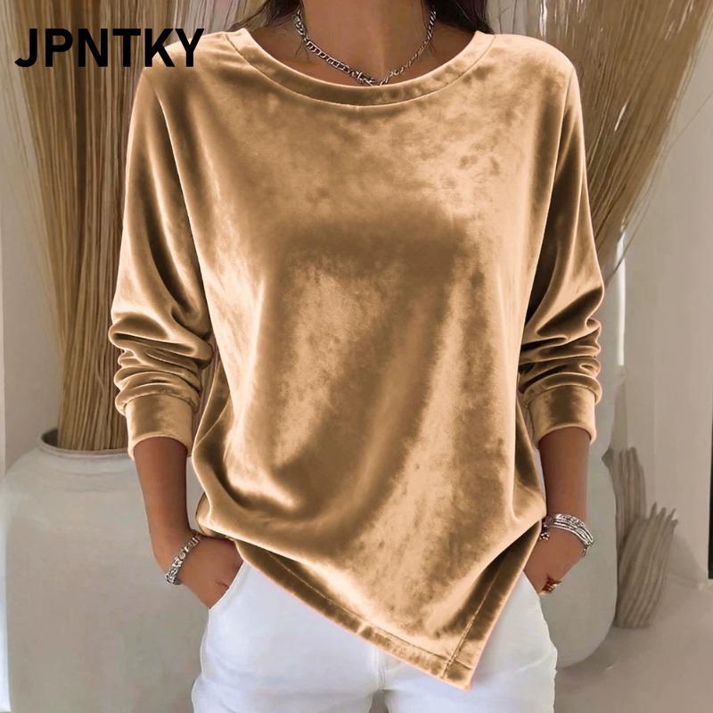 JPNTKY Women's Fashion Casual Solid Color Print Long Sleeve O-Neck Blouses & Shirts