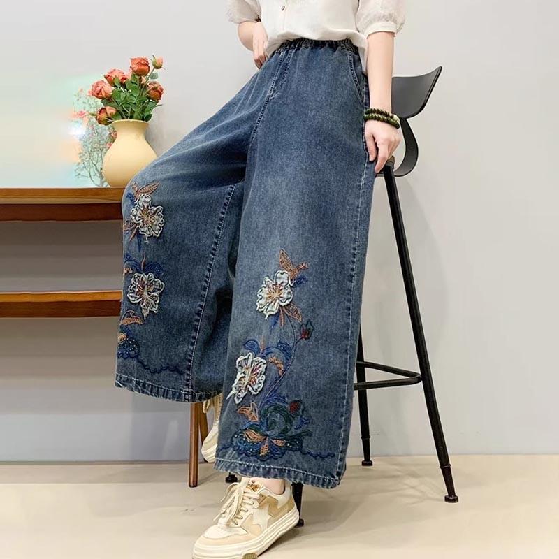 

Pants Summer Women Cotton Plus Size Loose Pants Versatile Casual High-waisted Wide-leg Denim Pants M синий