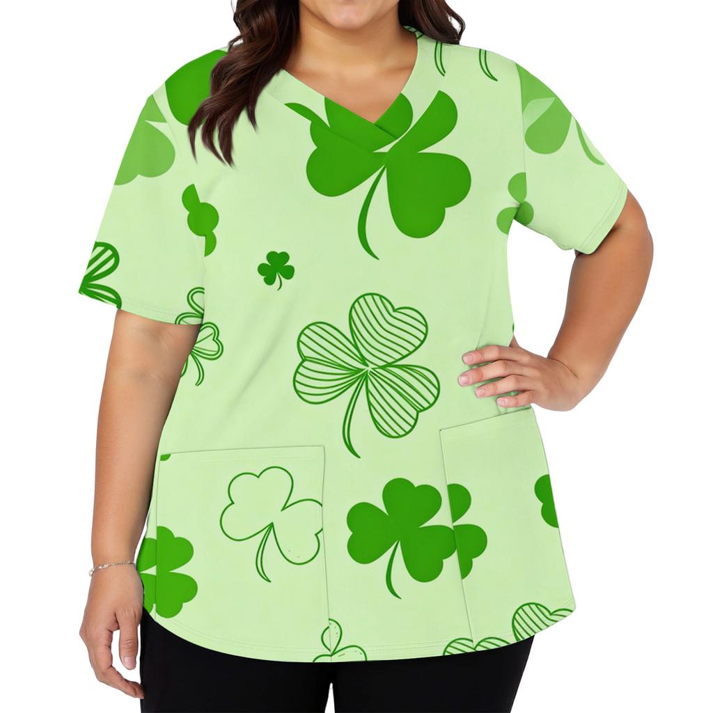 Women's Fashion V-neck Short Sleeve Workwear With Pockets Printed Tops