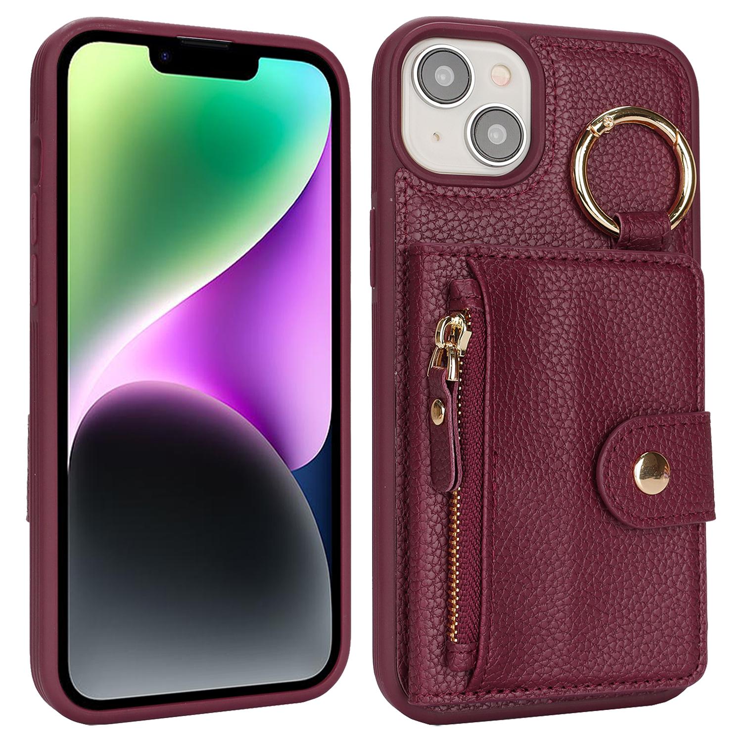 

For iPhone 14/13 Case Litchi Textured PU Leather+TPU Kickstand Phone Cover with Card Slot Wine Red
