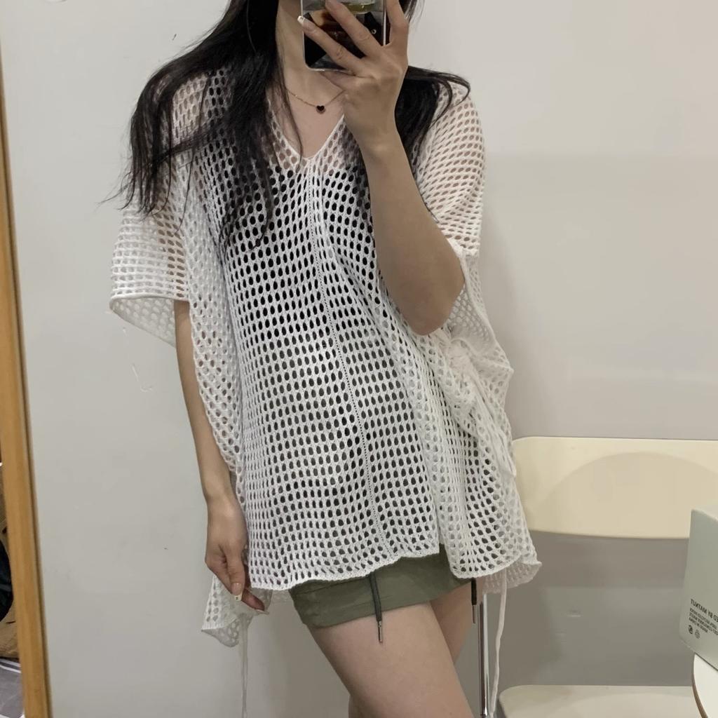 Summer Knitted Hooded Hollow Top for Women Women's Knitted Top V-neck Loose Fashion New Style