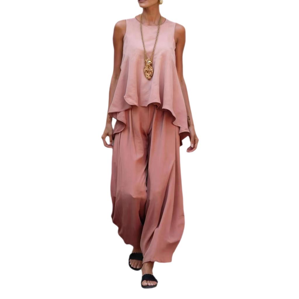 1116 New European and American Sleeveless Wide-Leg Pants Set, Women's Summer Casual Fashion Two-Piece Trendy Set